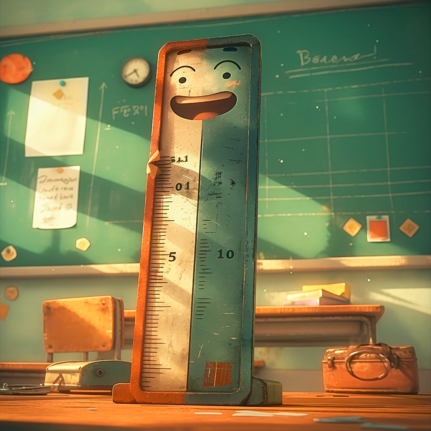 Decorative ruler with a face on a classroom desk with a chalkboard background