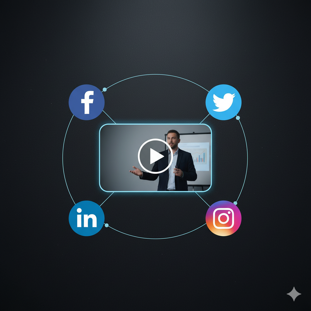 Circular design with social media icons and a video player in the center on a dark background