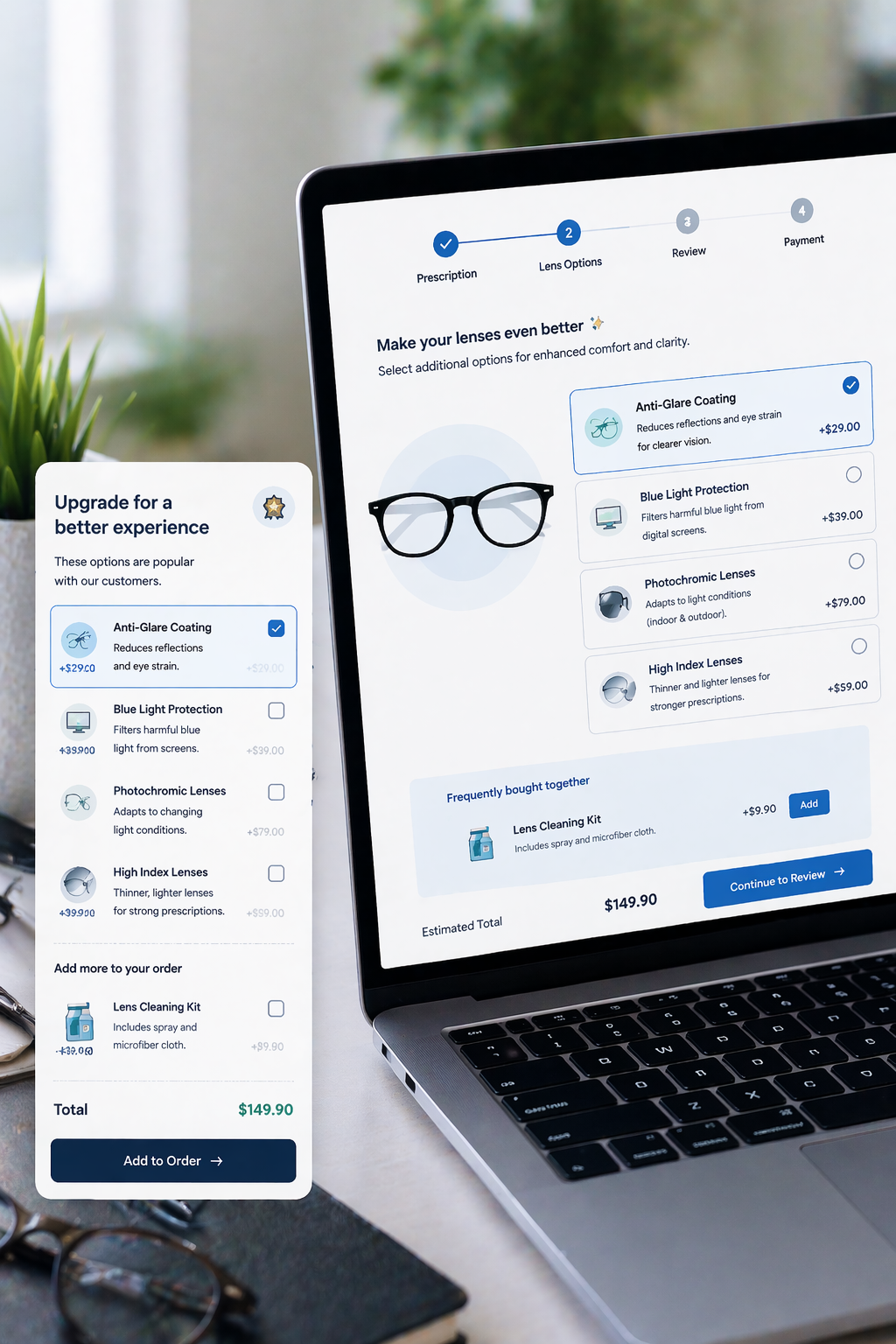 Laptop displaying an eyewear customization website with a focus on lens options.