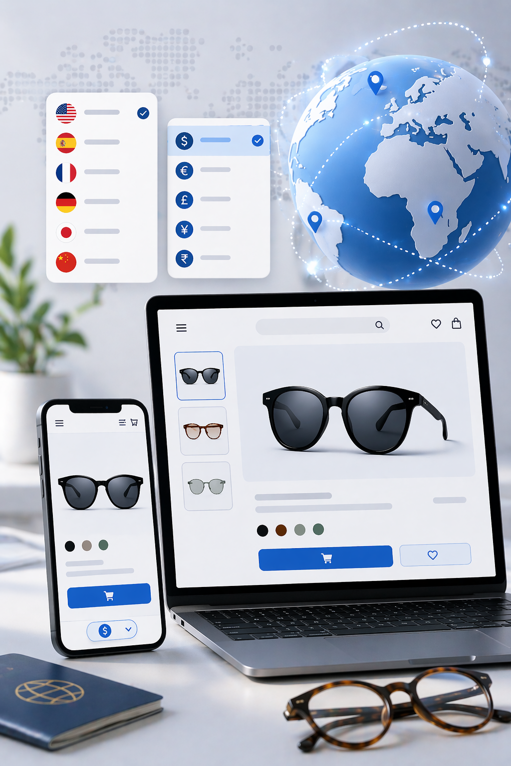Laptop, smartphone, and tablet displaying eyewear on a desk with a world map in the background.