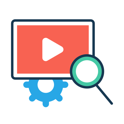 Icon of a video player with a play button, magnifying glass, and gear on a white background