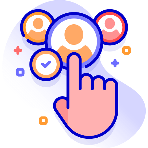 Illustration of a hand pointing to a circle with a check mark, surrounded by other circles with different icons on a white background.