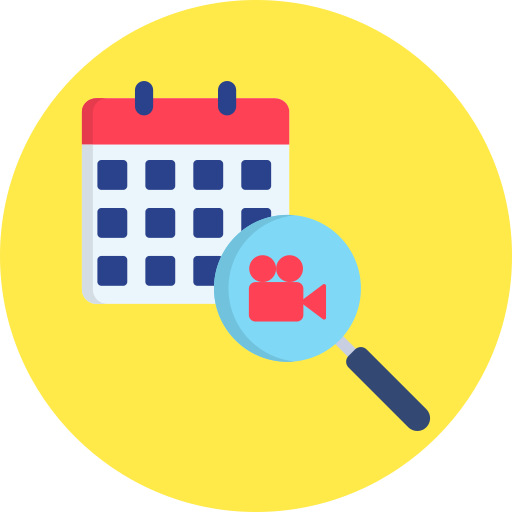 Calendar icon with a magnifying glass and video camera icon on a yellow background